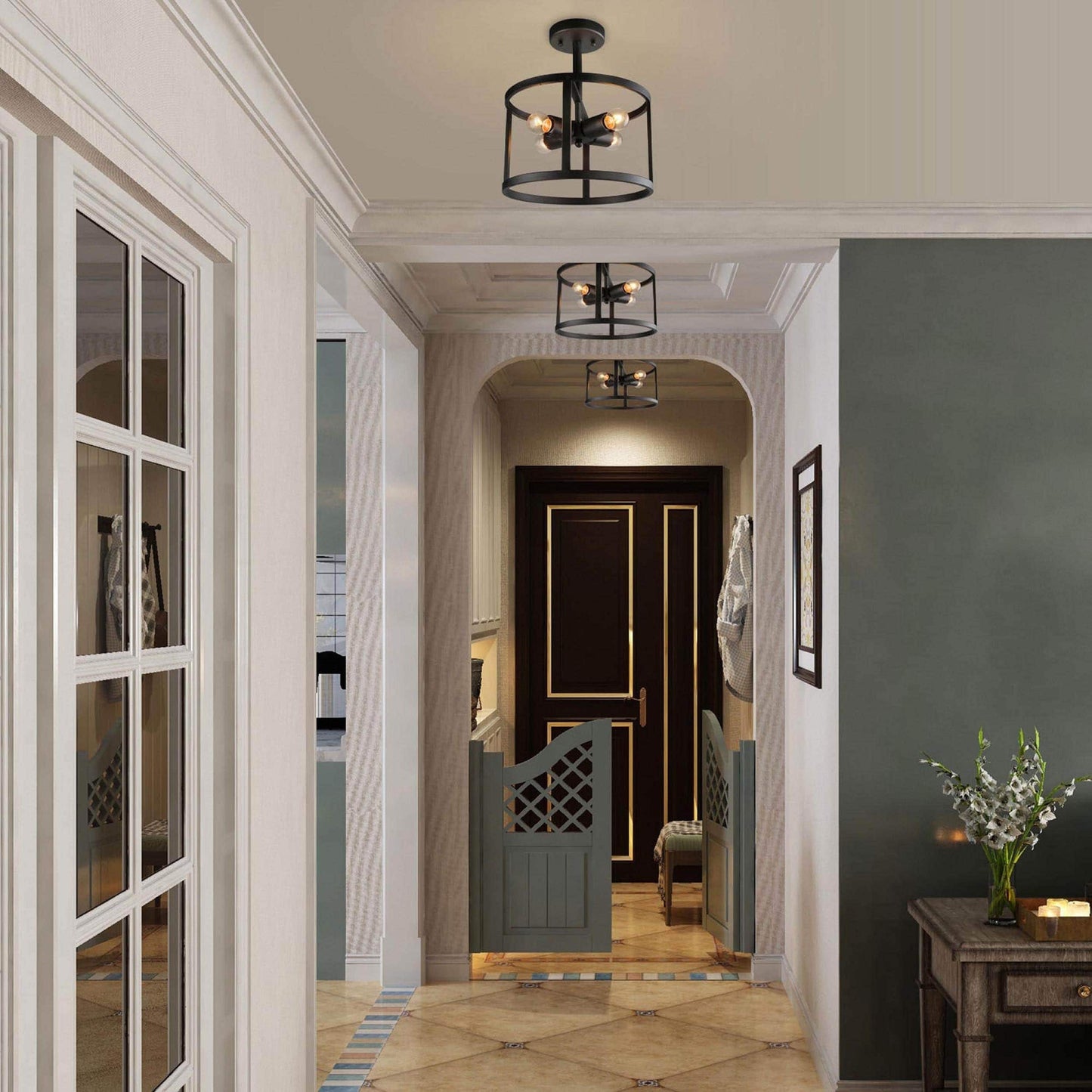 Farmhouse Black 4-Light Semi-Flush Mount Light Drum Chandelier Ceiling Light