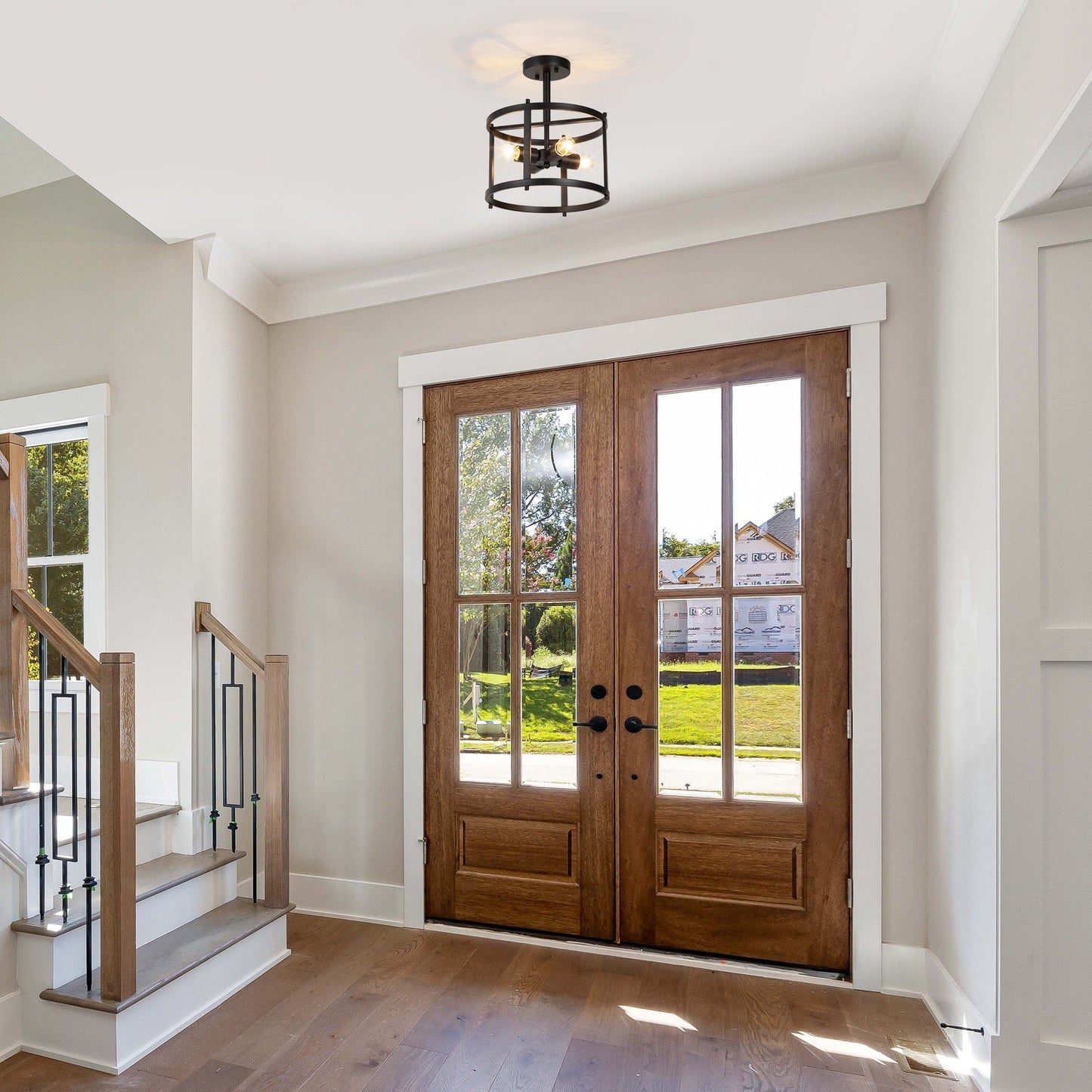 Farmhouse Black 4-Light Semi-Flush Mount Light Drum Chandelier Ceiling Light