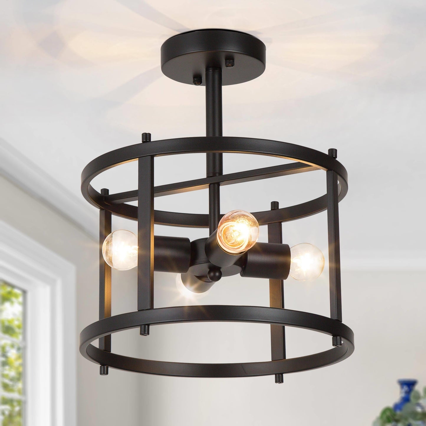 Farmhouse Black 4-Light Semi-Flush Mount Light Drum Chandelier Ceiling Light
