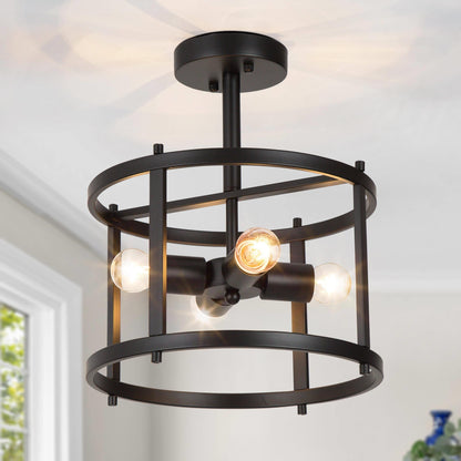 Farmhouse Black 4-Light Semi-Flush Mount Light Drum Chandelier Ceiling Light