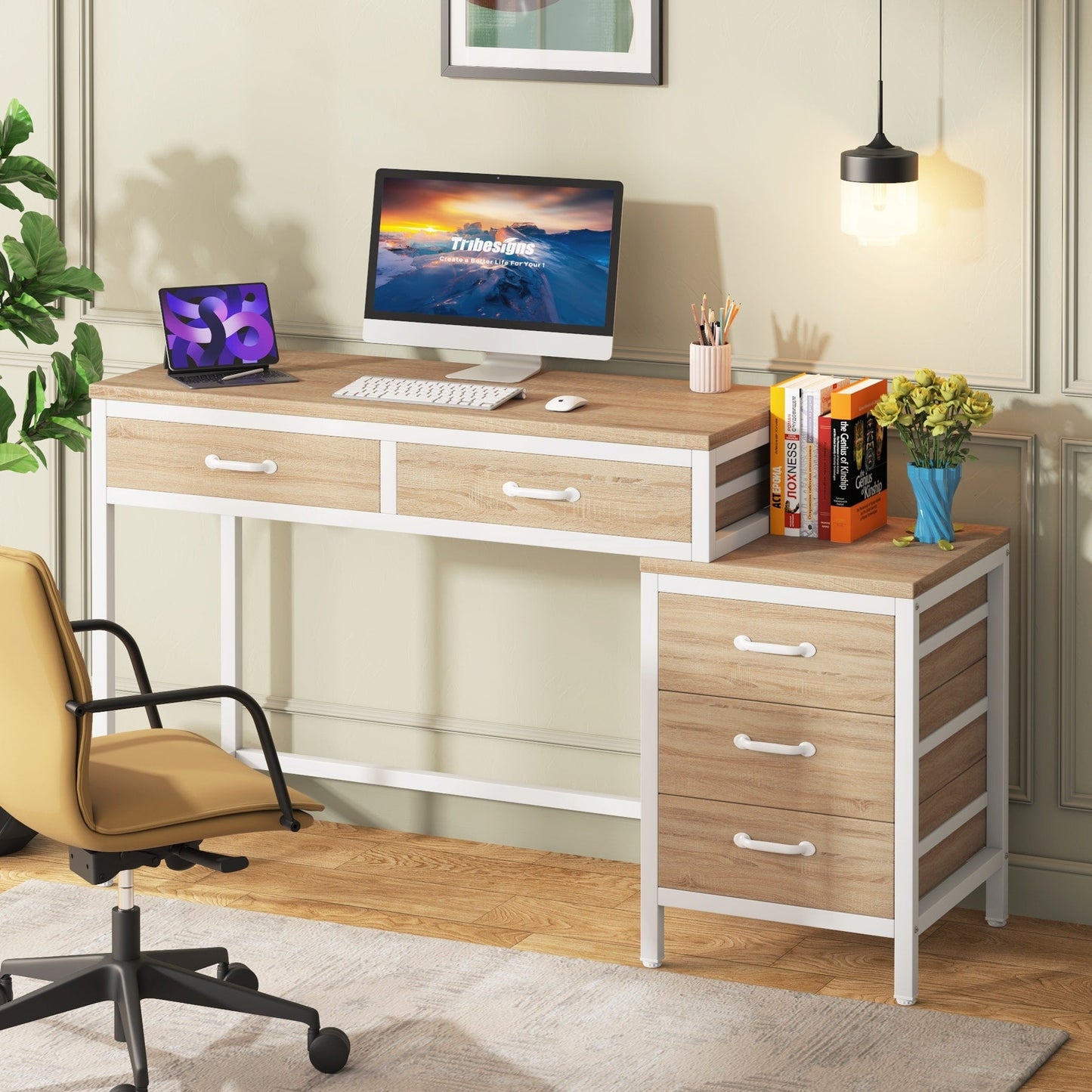 Reversible Computer Desk with 5 Drawers, Home Office Desk with File Cabinet Drawer Printer Stand