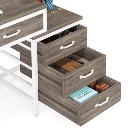 Reversible Computer Desk with 5 Drawers, Home Office Desk with File Cabinet Drawer Printer Stand