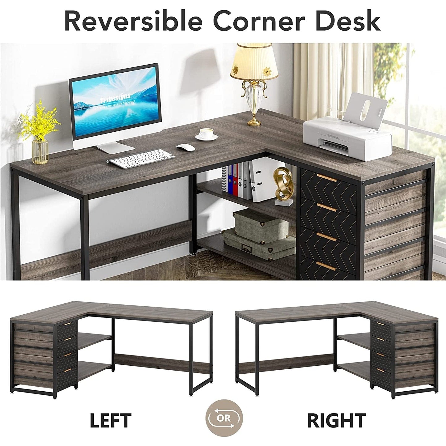 Reversible L-Shaped Office Desk Computer Desk Sturdy Writing Table Workstation