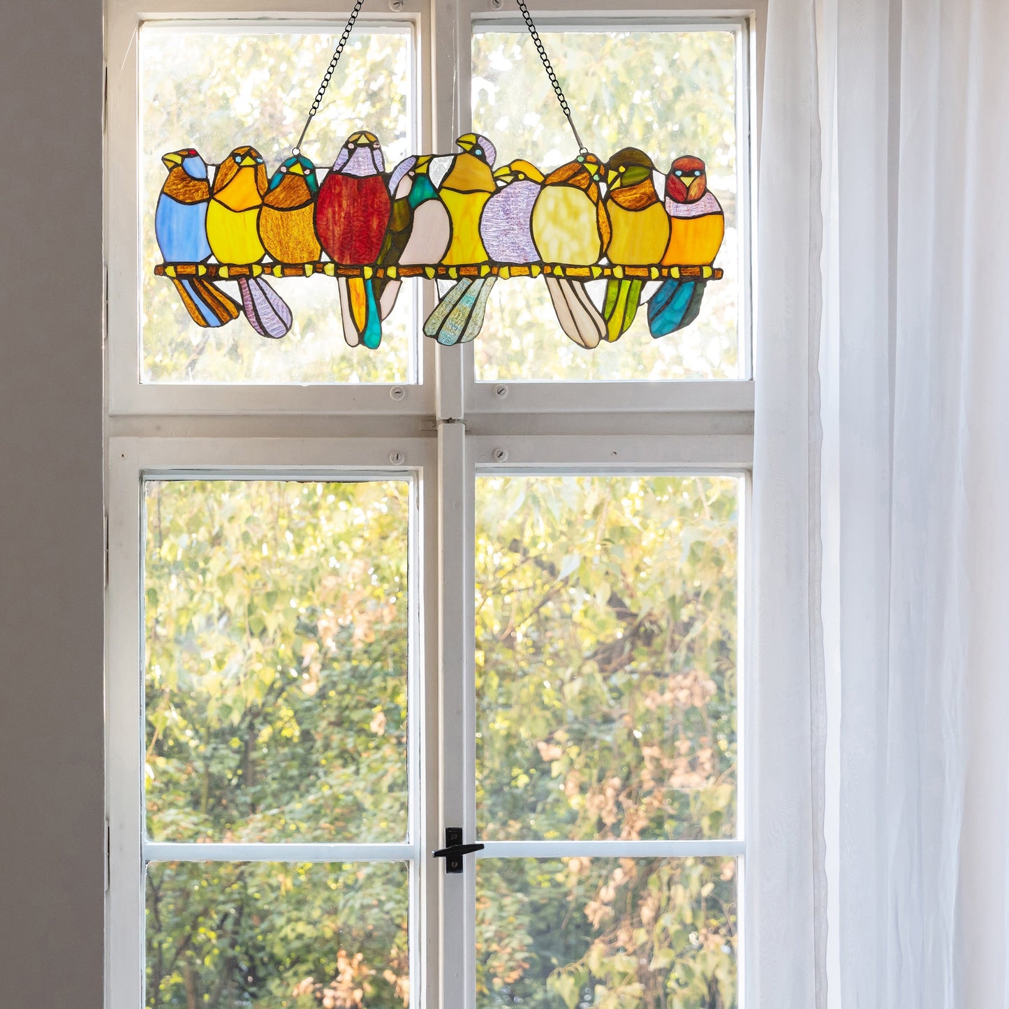 River of Goods Stained Glass Birds on Wire 9.25-in. Window Panel - 24.25L x 0.25W x 9.5H