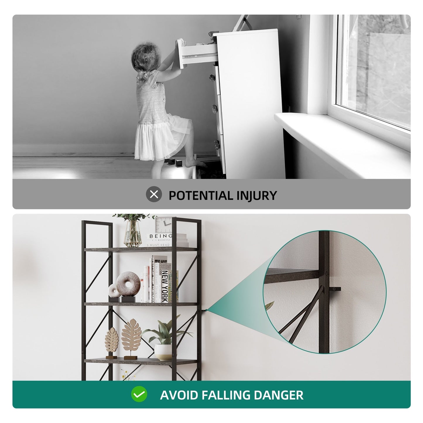 Roul Wood 5 Tiers Bookshelf Modern Bookcase Storage Rack Shelves