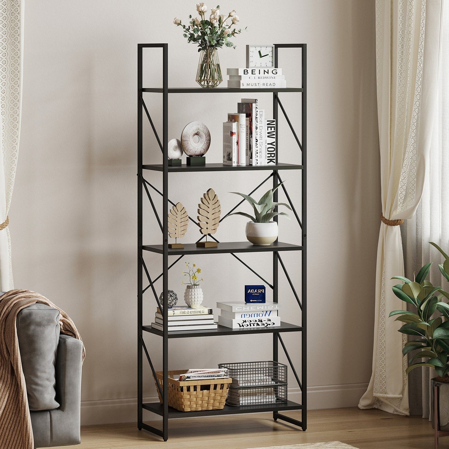 Roul Wood 5 Tiers Bookshelf Modern Bookcase Storage Rack Shelves