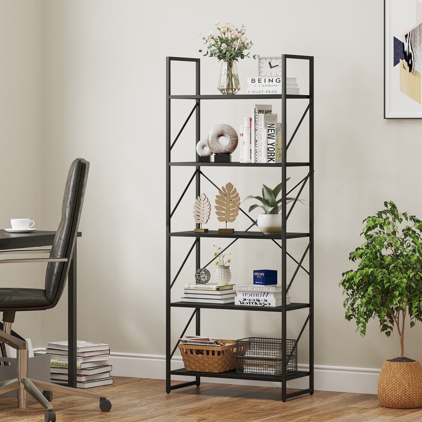 Roul Wood 5 Tiers Bookshelf Modern Bookcase Storage Rack Shelves