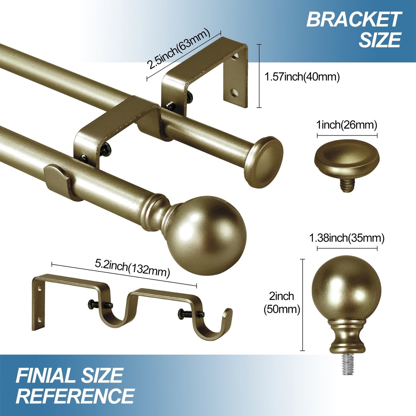 Round Ball Designer Double Drapery Adjustable Curtain Rod & Hardware