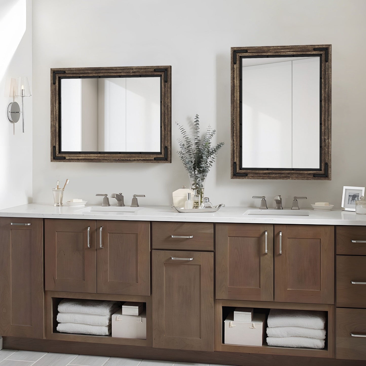 Rustic Wooden Framed Wall Mirror, Natural Wood Bathroom Vanity Mirror
