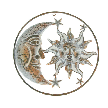Rusty White Metal Art Indoor Outdoor Celestial Sun Moon And Stars Wall Decor