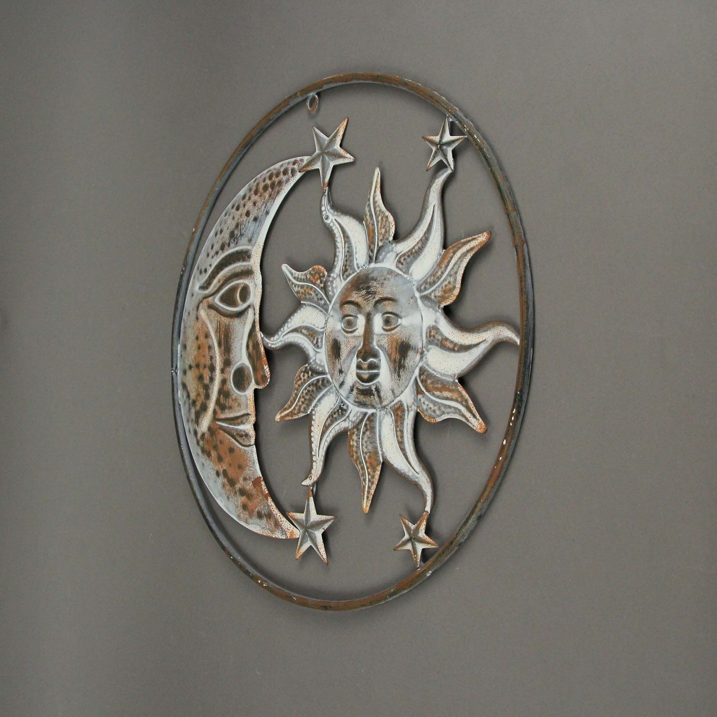 Rusty White Metal Art Indoor Outdoor Celestial Sun Moon And Stars Wall Decor
