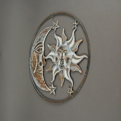 Rusty White Metal Art Indoor Outdoor Celestial Sun Moon And Stars Wall Decor
