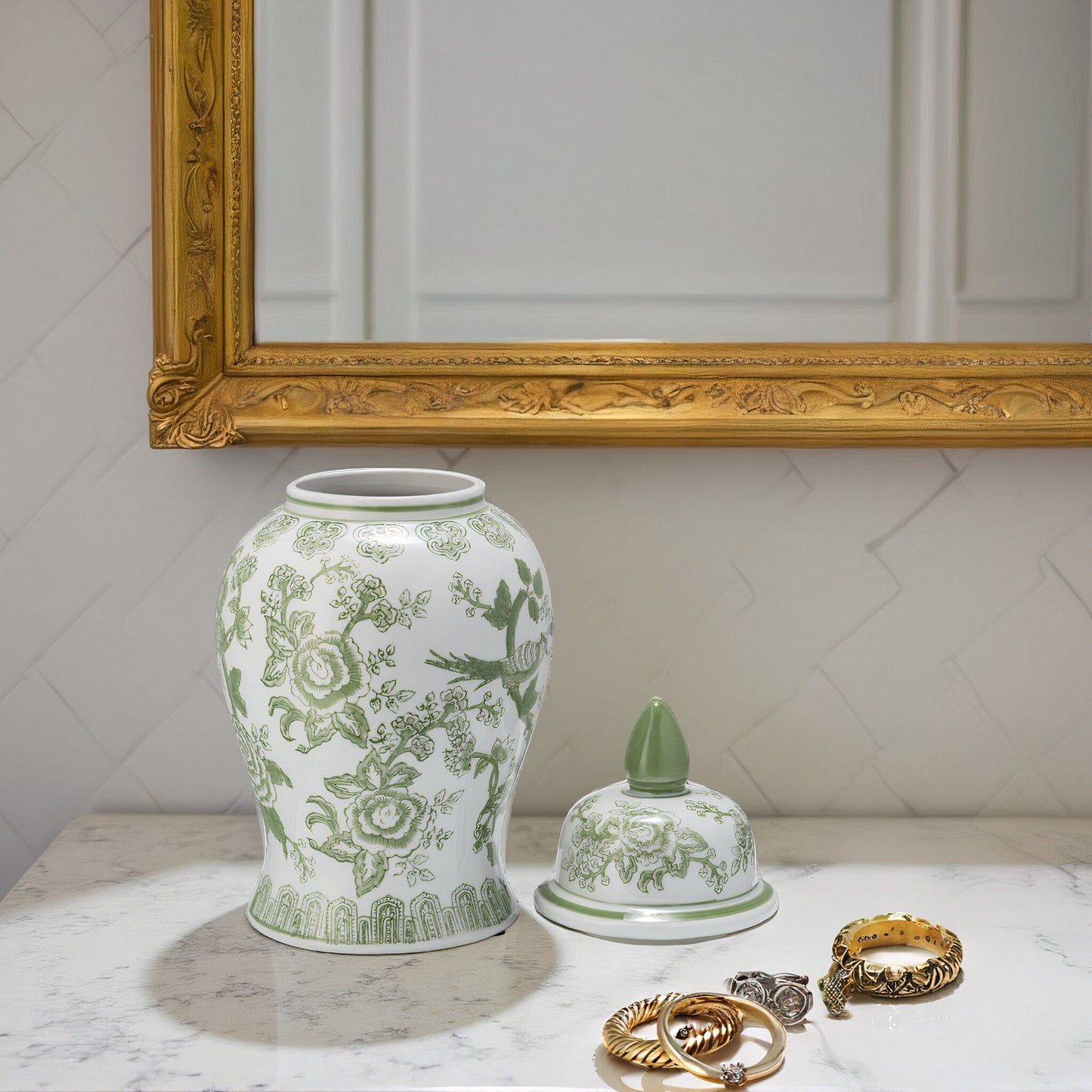 Sagebrook Home Chinoiserie Stoneware Ceramic Jar with Lid - Ornate Decorative Accent Piece