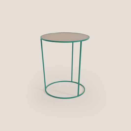 Costance tavolino rotondo da salotto con piano in pelle fiore melaminico salvia