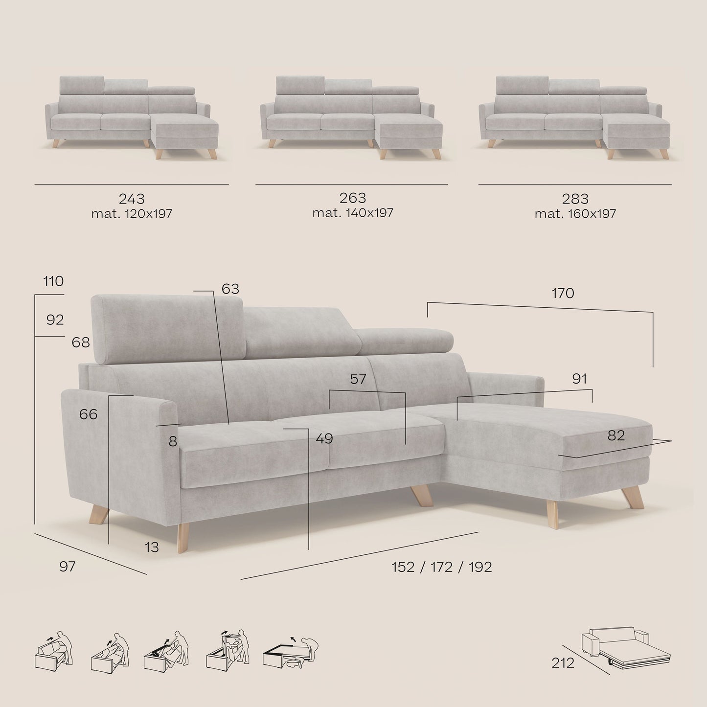 Francy divano letto angolare sfoderabile - penisola contenitore e poggiatesta reclinabili in tessuto smacchiabile T17 beige