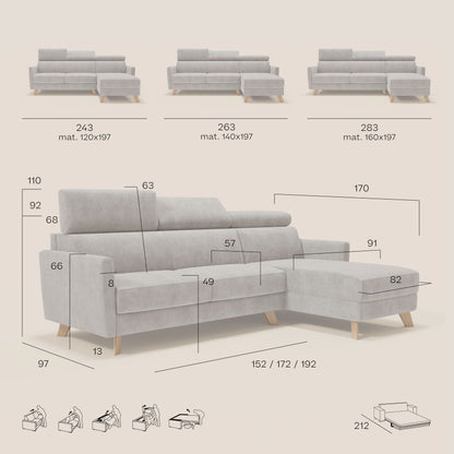 Francy divano letto angolare sfoderabile - penisola contenitore e poggiatesta reclinabili in tessuto smacchiabile T17 beige