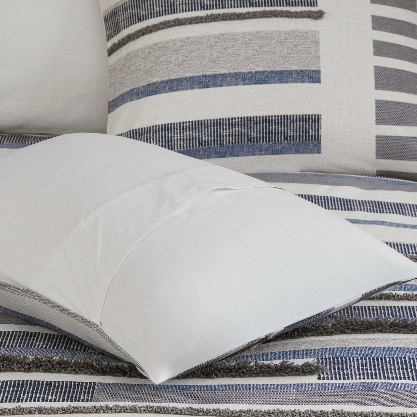 INK+IVY Serena 3 Piece Cotton Printed Duvet Cover Set w/trims Navy