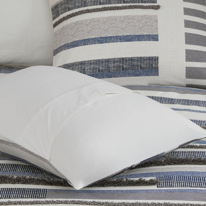 INK+IVY Serena 3 Piece Cotton Printed Duvet Cover Set w/trims Navy