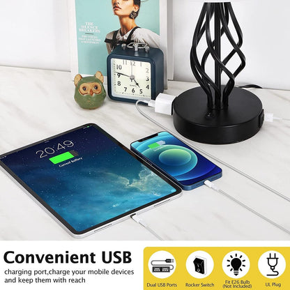 Set of 2 - Bedside Lamp with Dual USB Charging Ports 1 AC Outlet