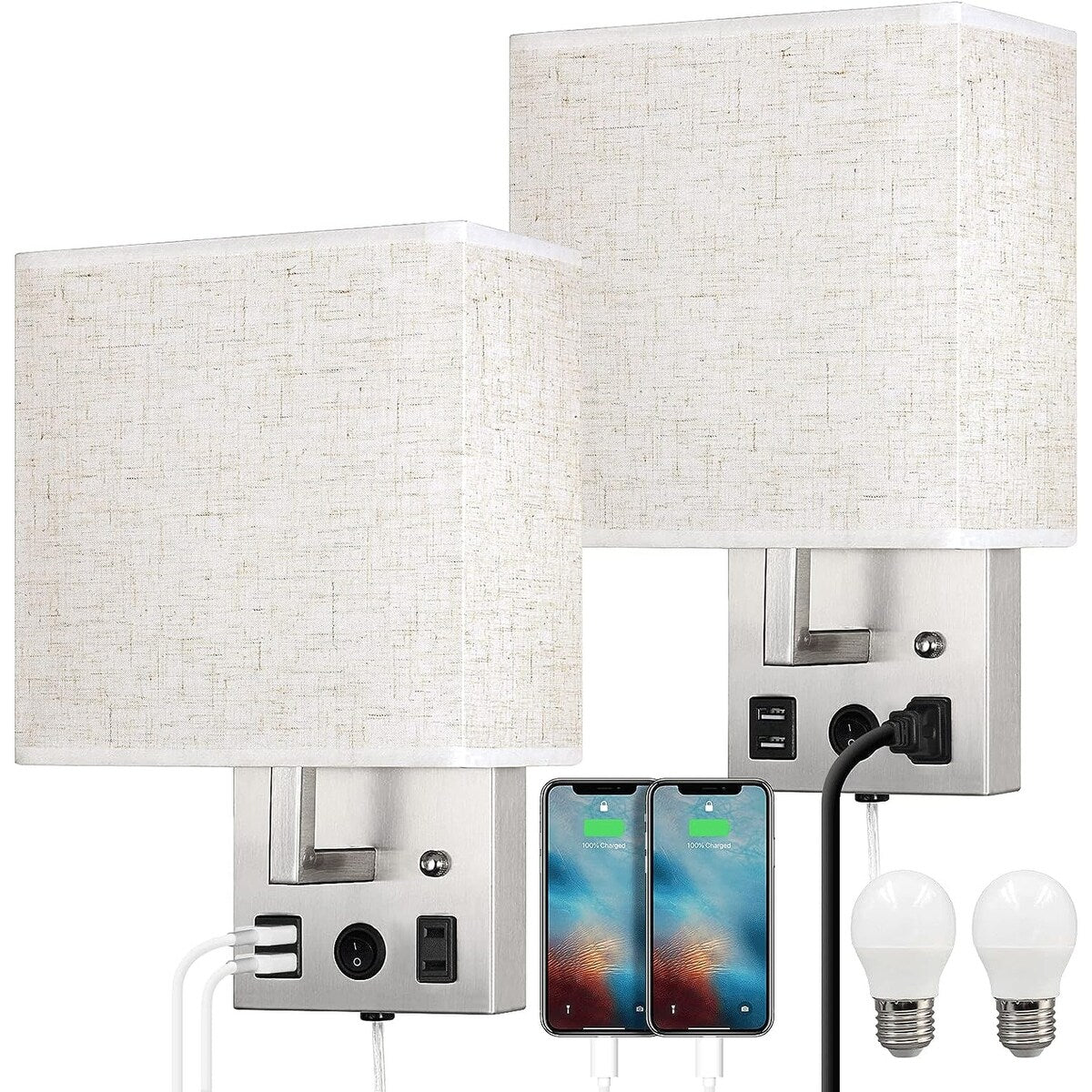 Set of 2 Wall Lamp with USB Charging Ports and AC Outlet Socket