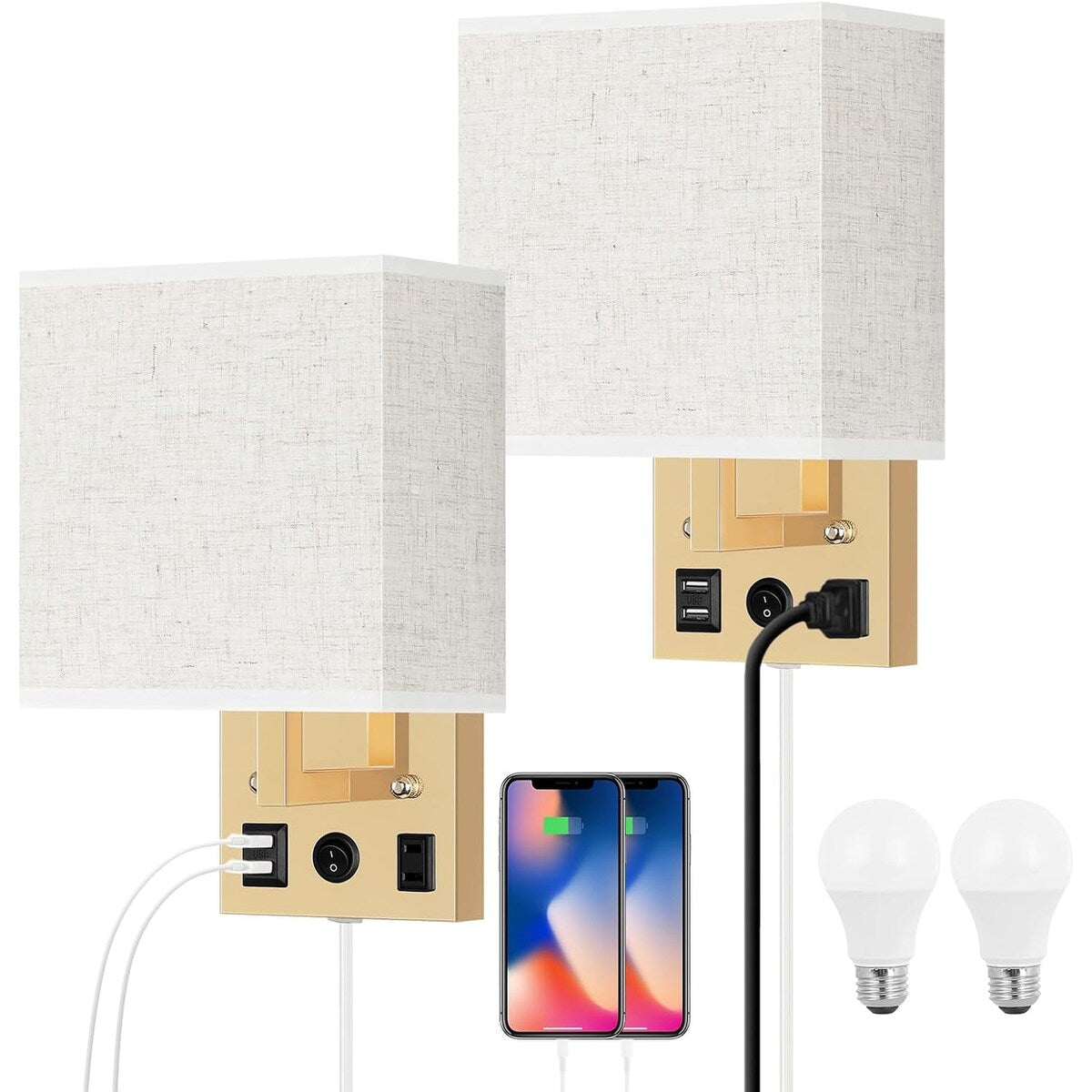 Set of 2 Wall Lamp with USB Charging Ports and AC Outlet Socket