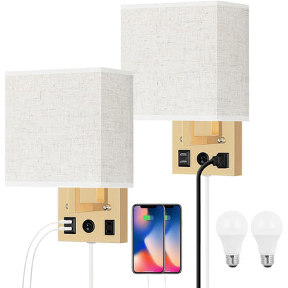 Set of 2 Wall Lamp with USB Charging Ports and AC Outlet Socket
