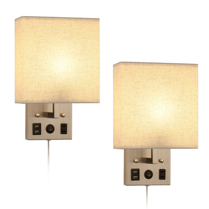 Set of 2 Wall Lamp with USB Charging Ports and AC Outlet Socket