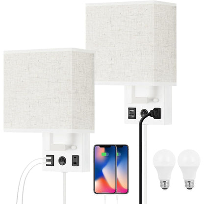 Set of 2 Wall Lamp with USB Charging Ports and AC Outlet Socket