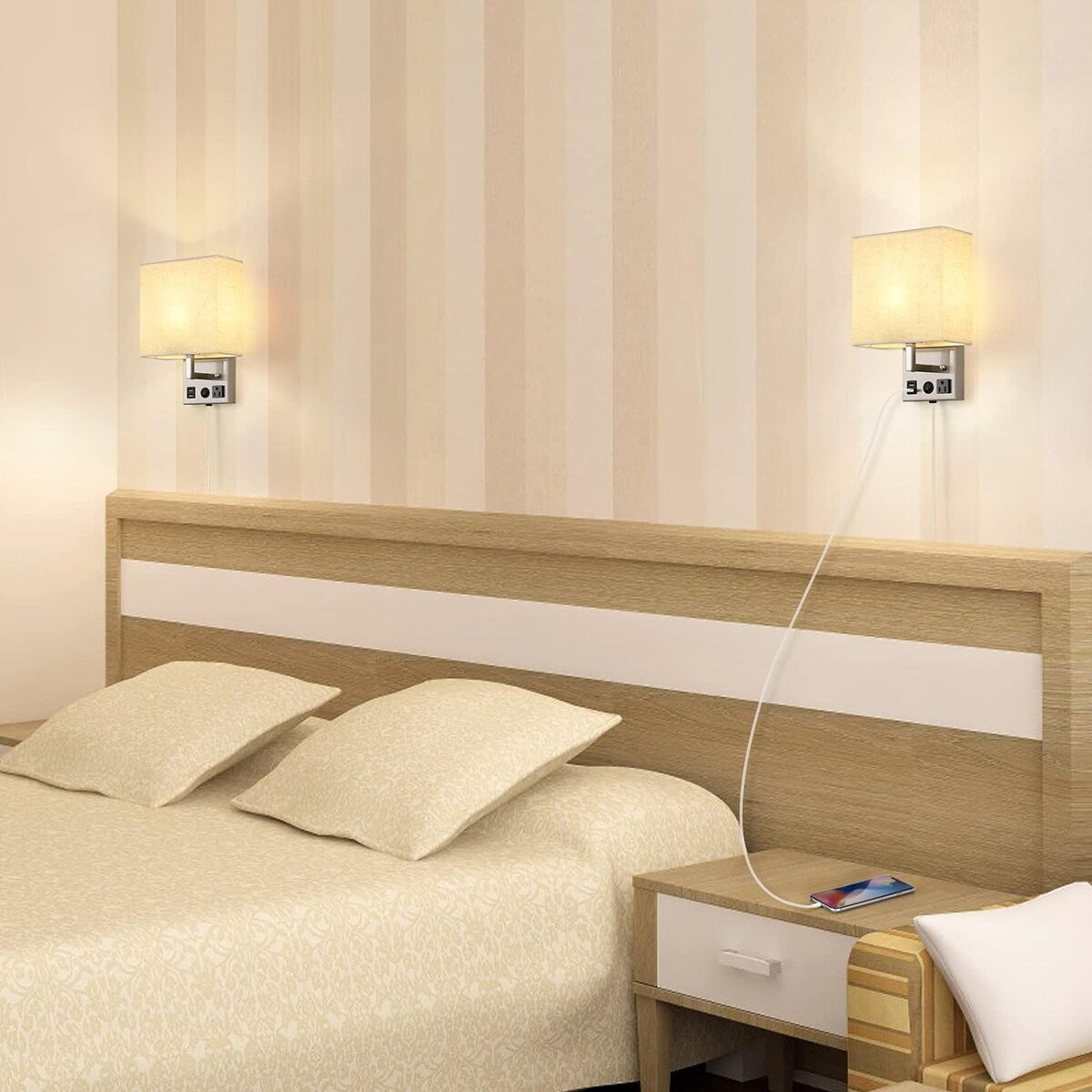 Set of 2 Wall Lamp with USB Charging Ports and AC Outlet Socket