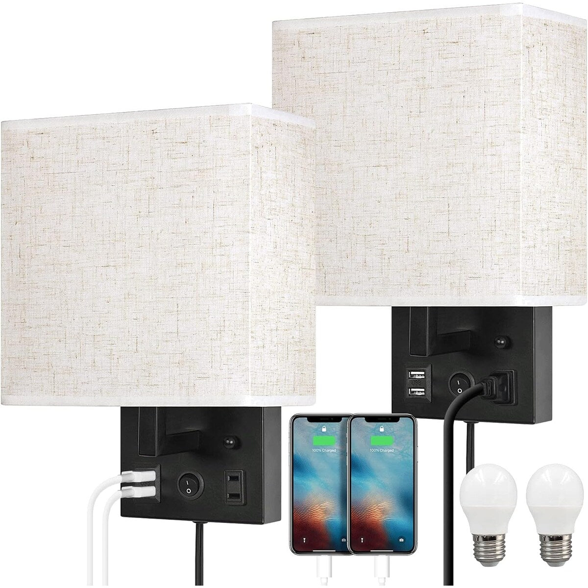Set of 2 Wall Lamp with USB Charging Ports and AC Outlet Socket