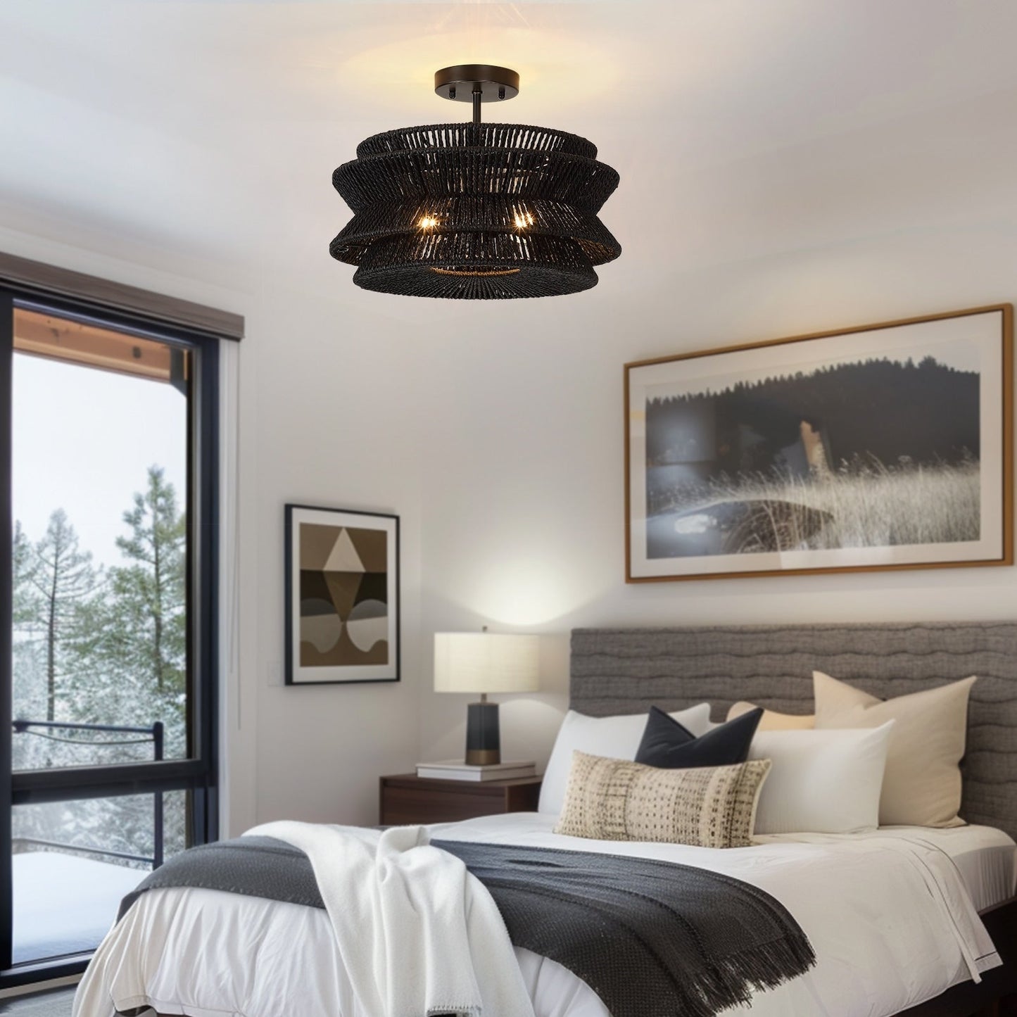 Silvia 2-Light Bohemian Woven Rope Semi-Flush Mount Ceiling Light - 16 in. W