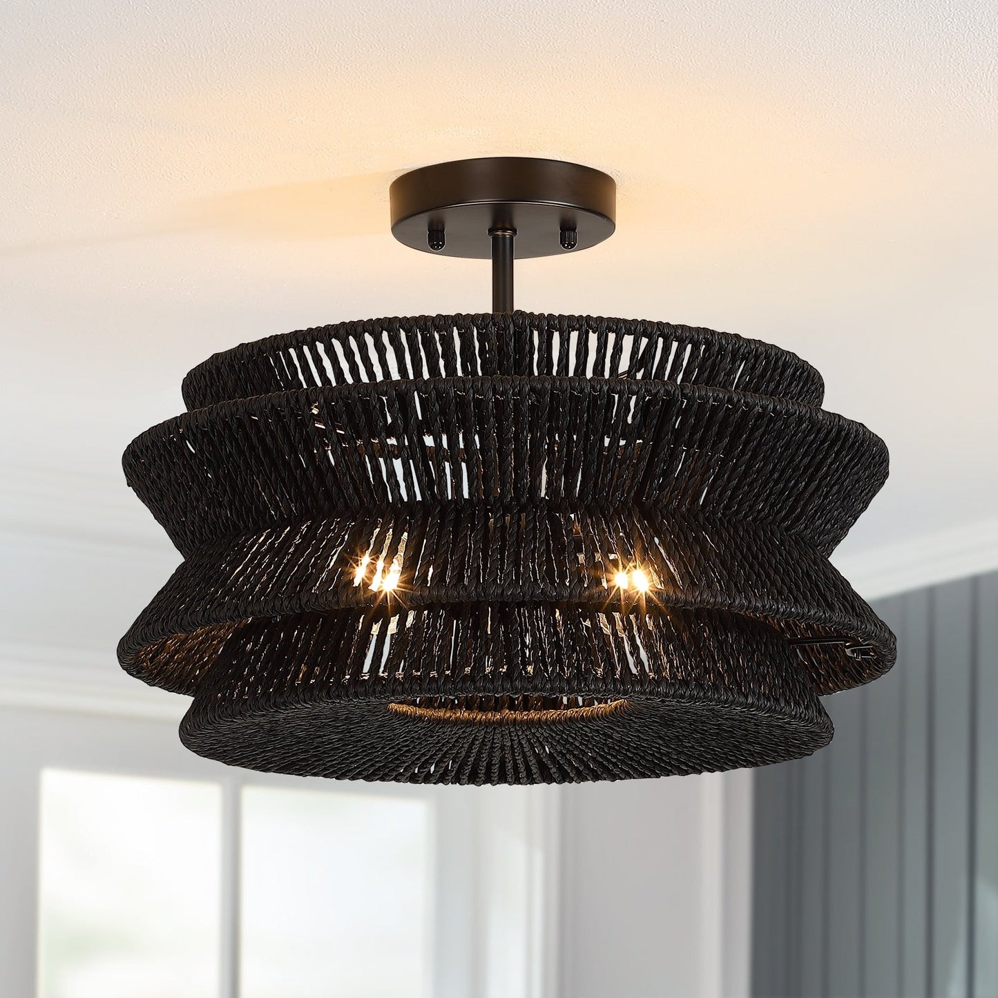 Silvia 2-Light Bohemian Woven Rope Semi-Flush Mount Ceiling Light - 16 in. W