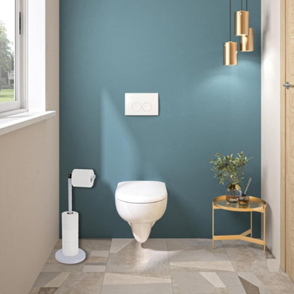 Sleek Toilet Paper Holder with Folding Arm and Reserve Compact Freestanding Metal Holder - Diameter 8 inches X 22 H