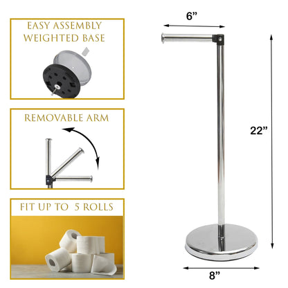 Sleek Toilet Paper Holder with Folding Arm and Reserve Compact Freestanding Metal Holder - Diameter 8 inches X 22 H