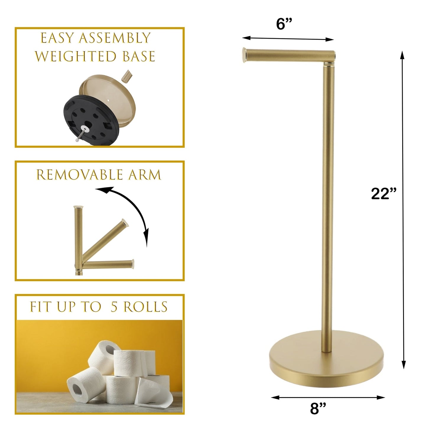 Sleek Toilet Paper Holder with Folding Arm and Reserve Compact Freestanding Metal Holder - Diameter 8 inches X 22 H