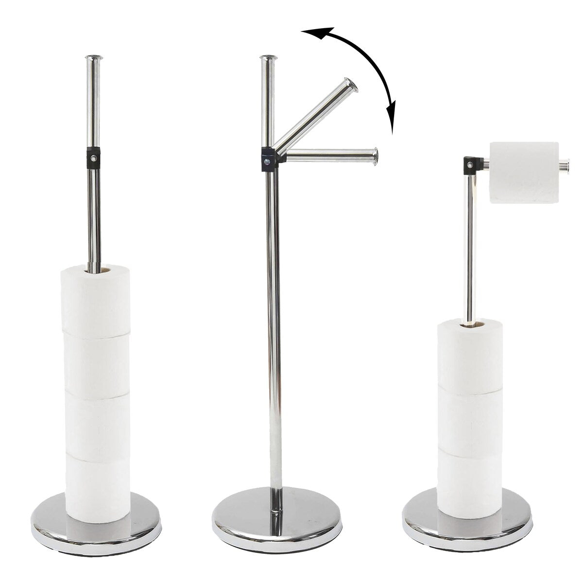 Sleek Toilet Paper Holder with Folding Arm and Reserve Compact Freestanding Metal Holder - Diameter 8 inches X 22 H