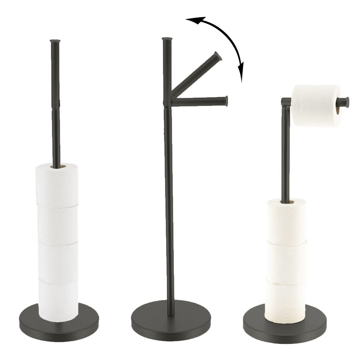 Sleek Toilet Paper Holder with Folding Arm and Reserve Compact Freestanding Metal Holder - Diameter 8 inches X 22 H
