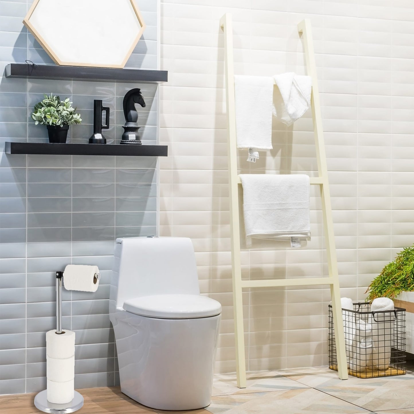 Sleek Toilet Paper Holder with Folding Arm and Reserve Compact Freestanding Metal Holder - Diameter 8 inches X 22 H