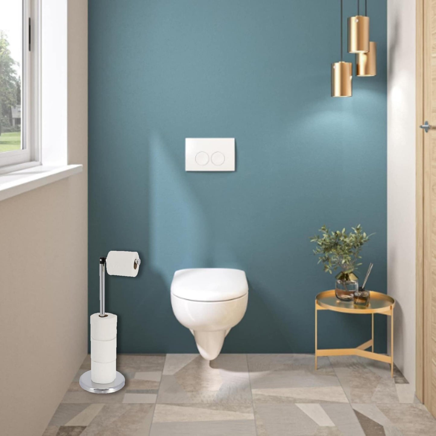 Sleek Toilet Paper Holder with Folding Arm and Reserve Compact Freestanding Metal Holder - Diameter 8 inches X 22 H