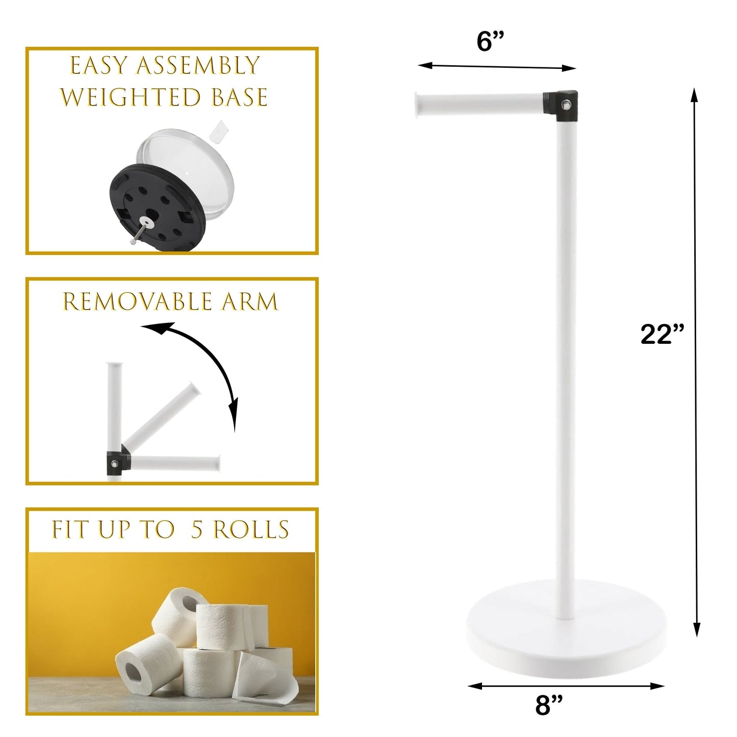 Sleek Toilet Paper Holder with Folding Arm and Reserve Compact Freestanding Metal Holder - Diameter 8 inches X 22 H
