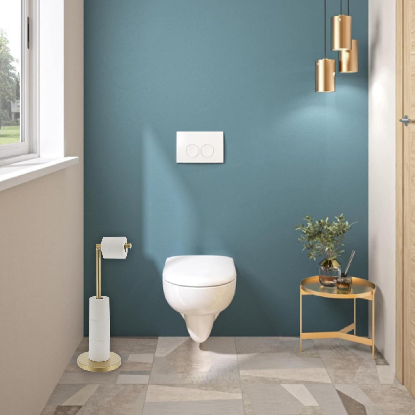 Sleek Toilet Paper Holder with Folding Arm and Reserve Compact Freestanding Metal Holder - Diameter 8 inches X 22 H