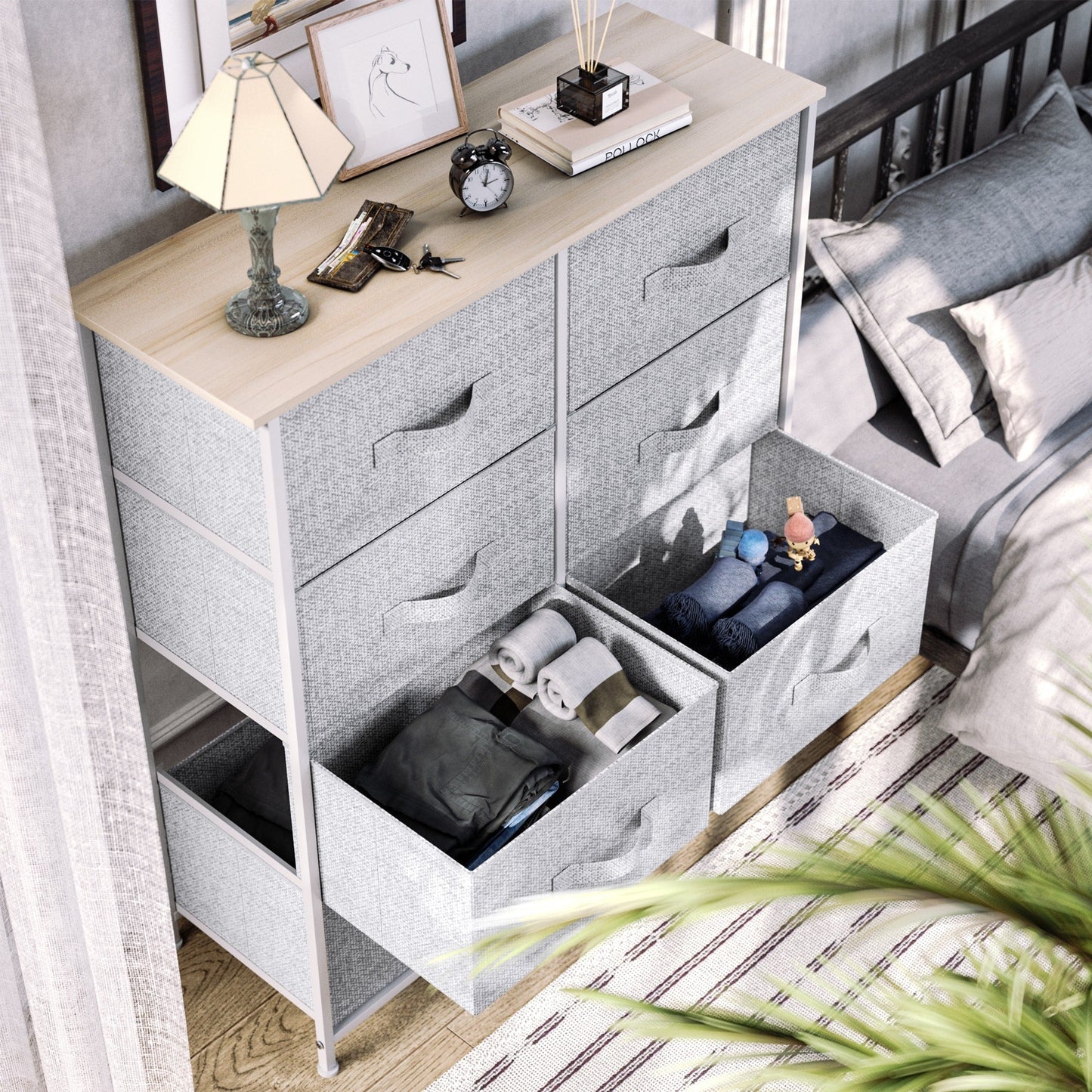 Modern 4/8/10-drawer Bedroom Fabric Dresser Storage Tower with Wood Top
