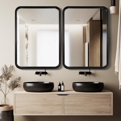 Round Corner Rectangle Farm Wall Mirror with Solid Wood Frame