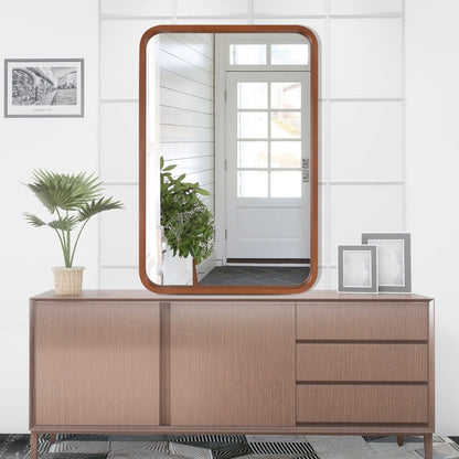 Round Corner Rectangle Farm Wall Mirror with Solid Wood Frame