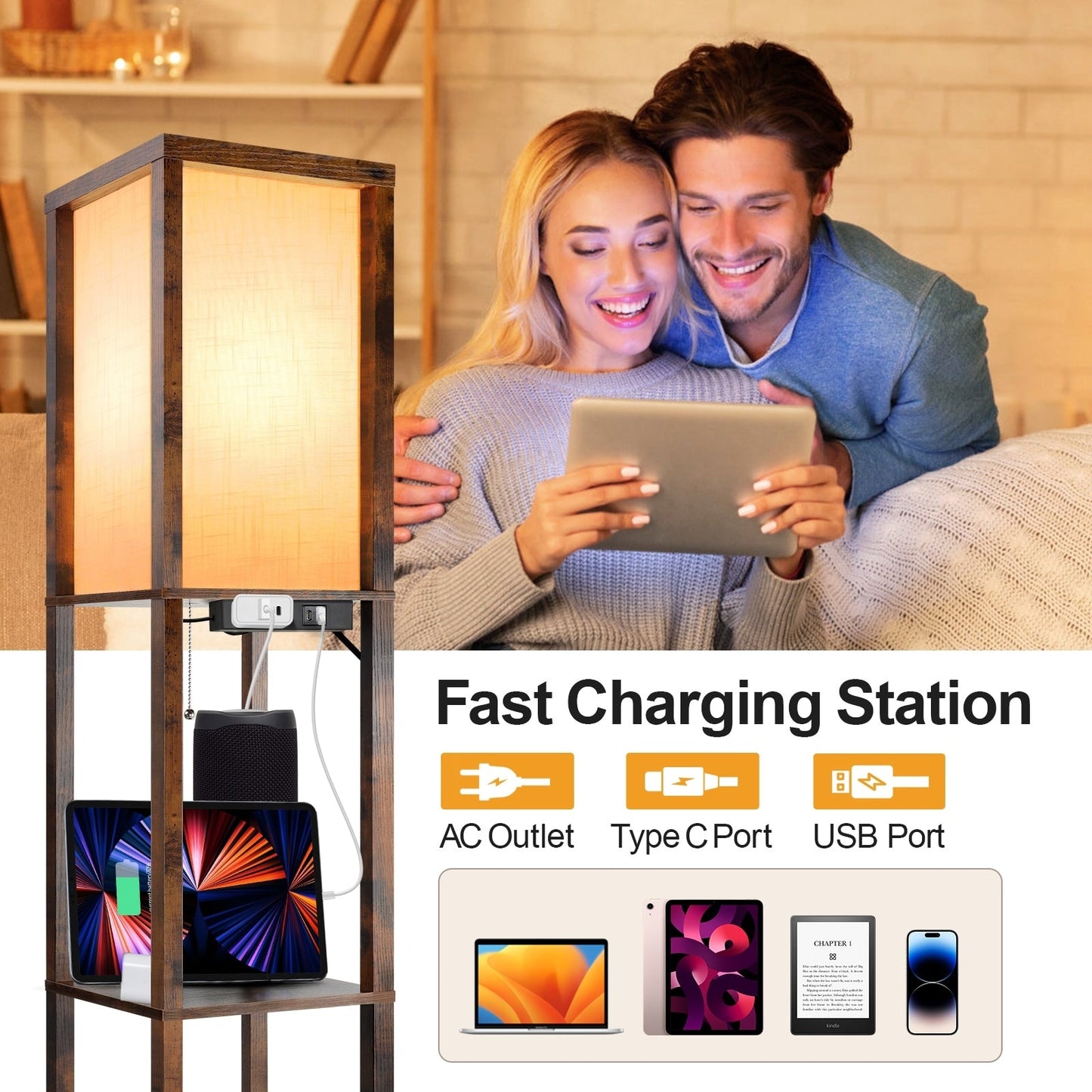 63 Floor Lamp with Shelves - Living Room Light with Wooden Storage Shelves