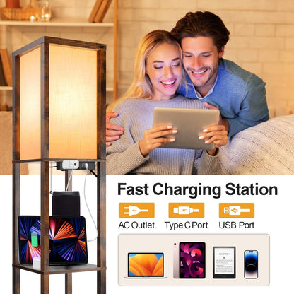 63 Floor Lamp with Shelves - Living Room Light with Wooden Storage Shelves