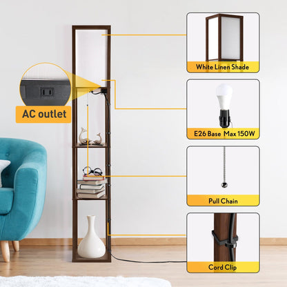 63 Floor Lamp with Shelves - Living Room Light with Wooden Storage Shelves