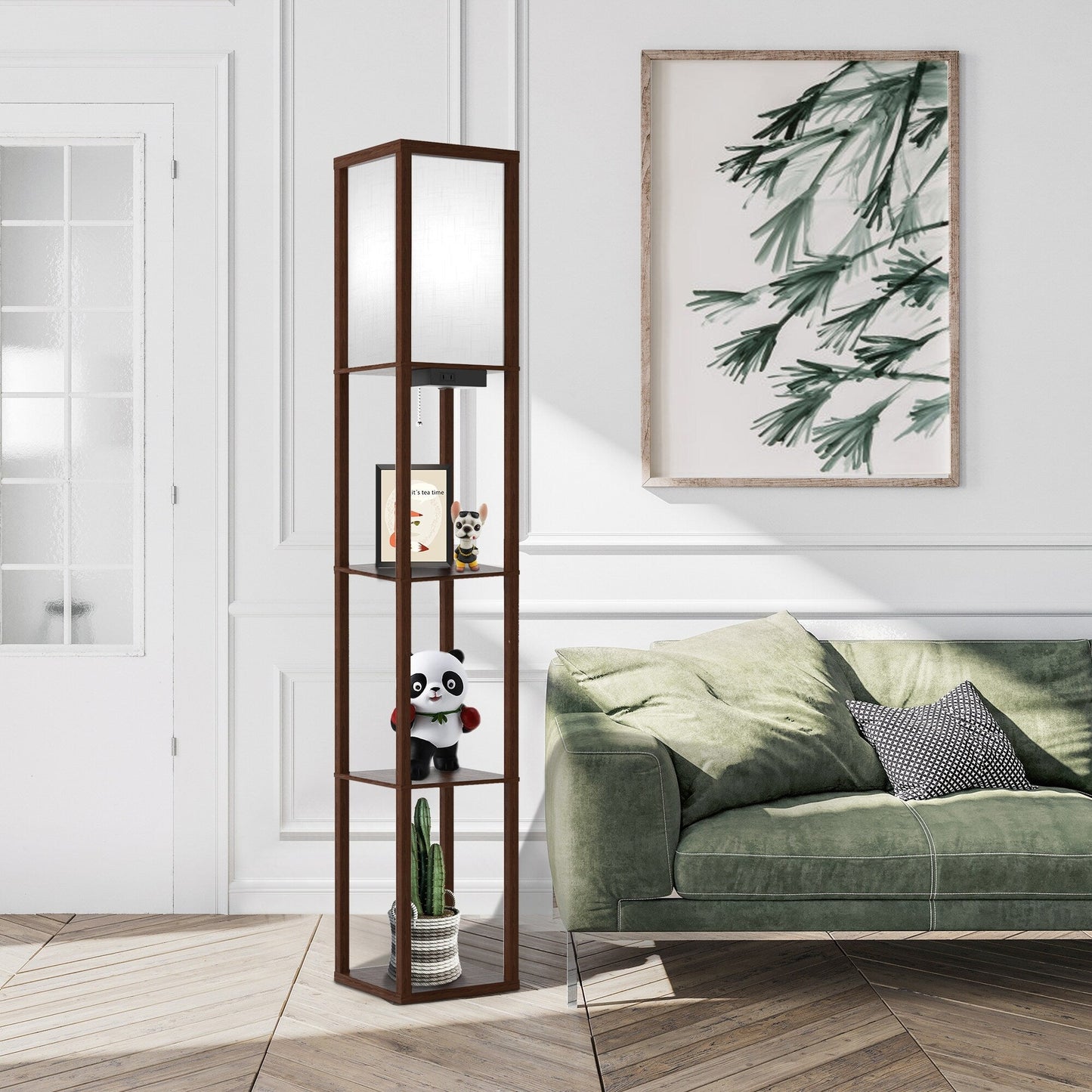 63 Floor Lamp with Shelves - Living Room Light with Wooden Storage Shelves