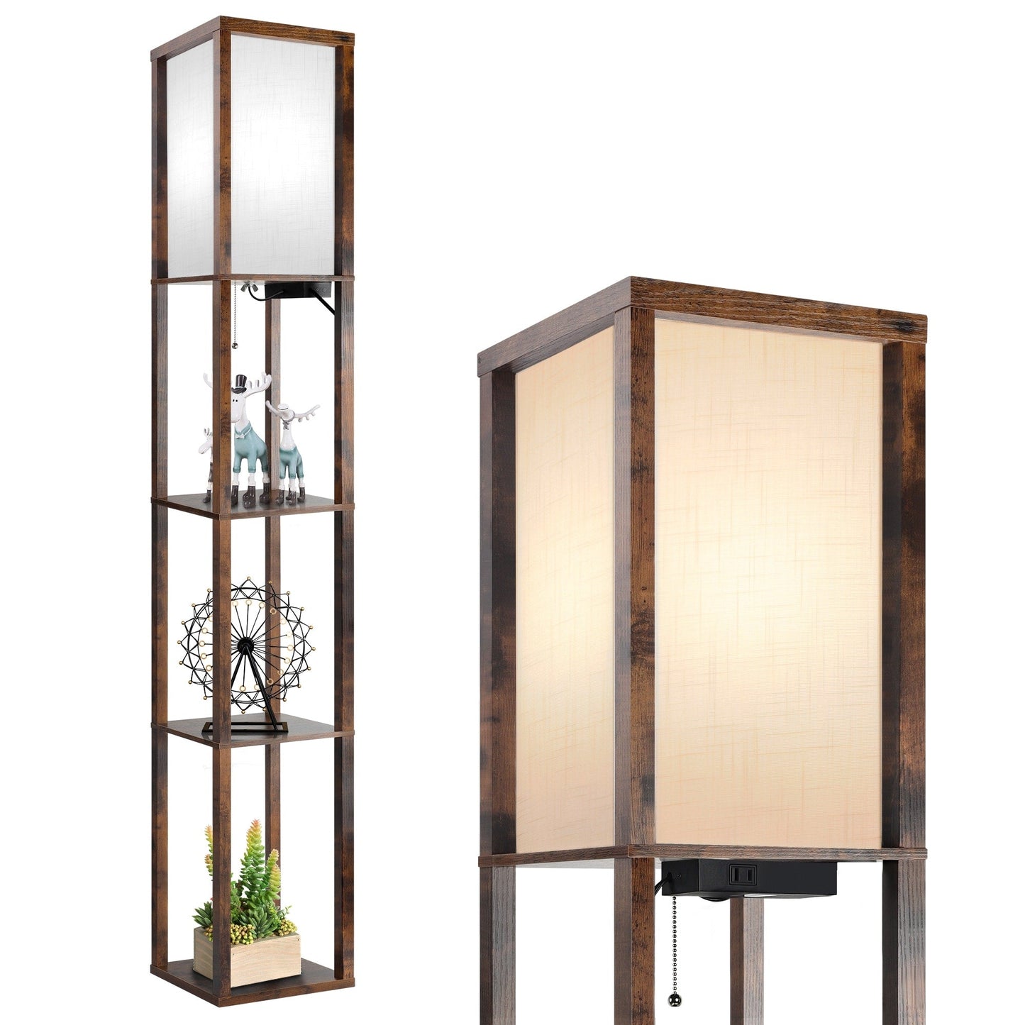 63 Floor Lamp with Shelves - Living Room Light with Wooden Storage Shelves