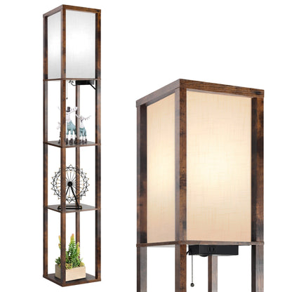 63 Floor Lamp with Shelves - Living Room Light with Wooden Storage Shelves